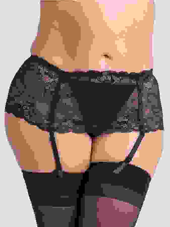 Lovehoney Plus Size Love Me Lace Deep Garter Belt Black, Black, hi-res